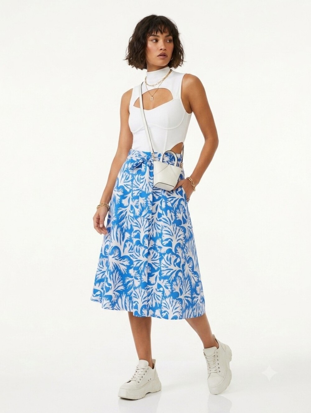 Ann Taylor ✨️ Blue & White Tropical Print Cotton Midi Women's Skirt Size 2P